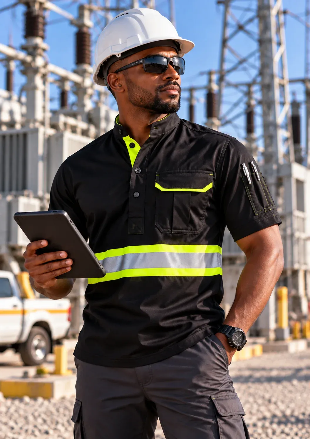 An engineer in a black short-sleeve Standout shirt with lime reflective band, holding a tablet at an electrical substation