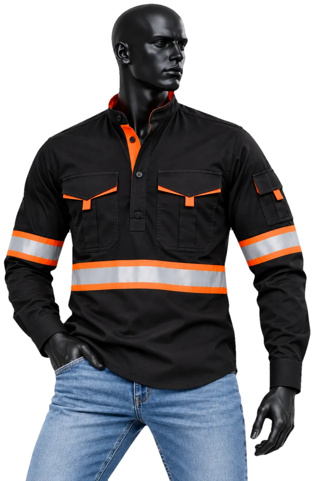 Black long-sleeve Standout Utility Shirt with orange reflector, worn with jeans