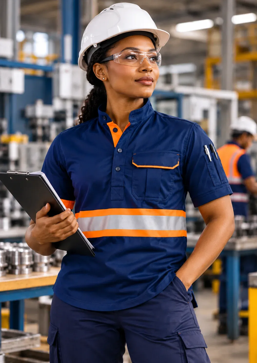 A factory supervisor in a navy short-sleeve Standout shirt with an orange reflective band, holding a clipboard