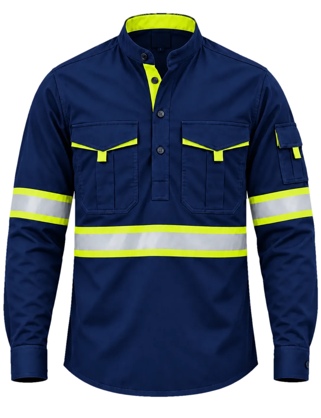 Standout Utility Shirt in navy blue with lime green reflector, long sleeve