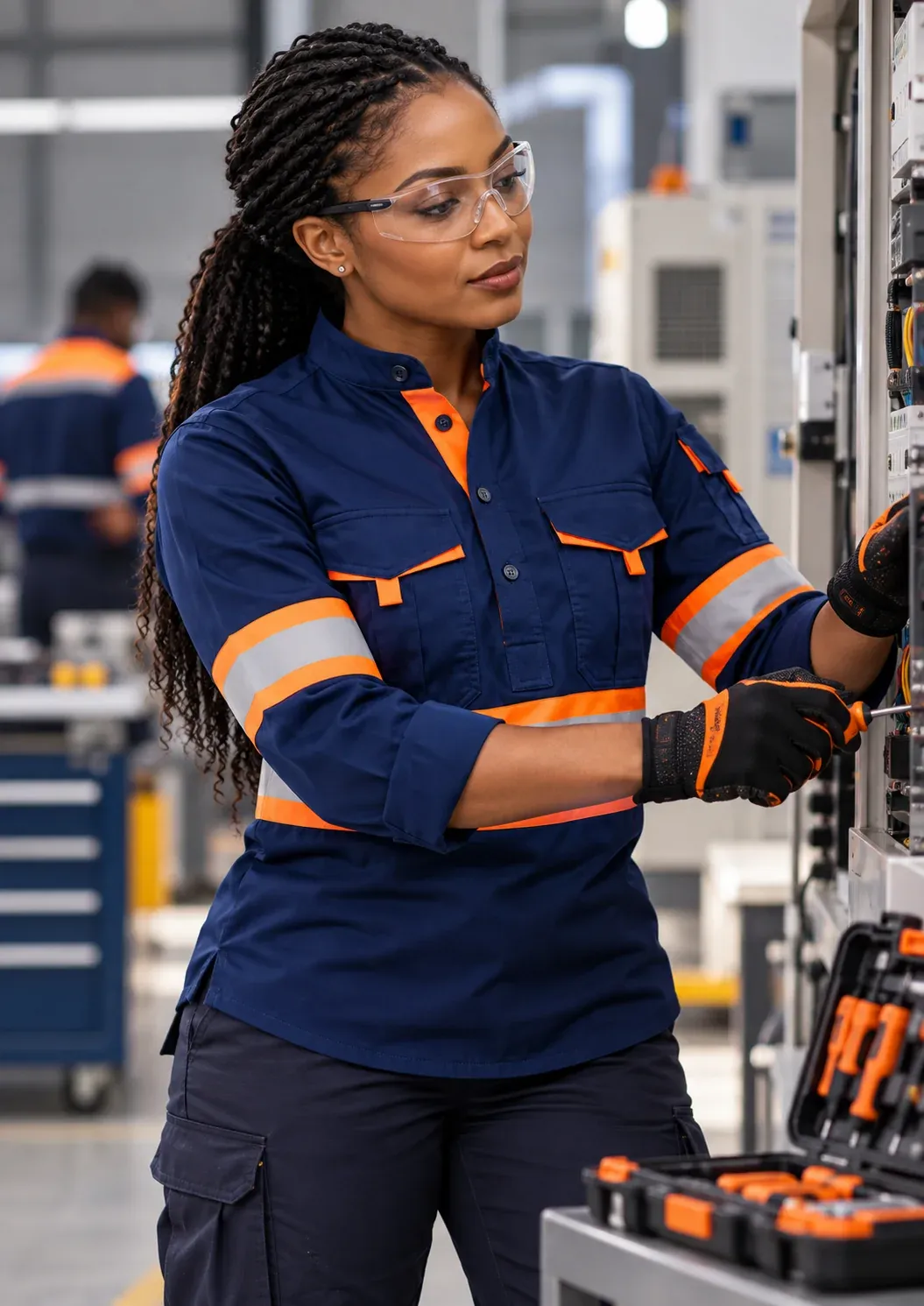 A technician in a navy long-sleeve Standout shirt with orange reflective trim, working on equipment