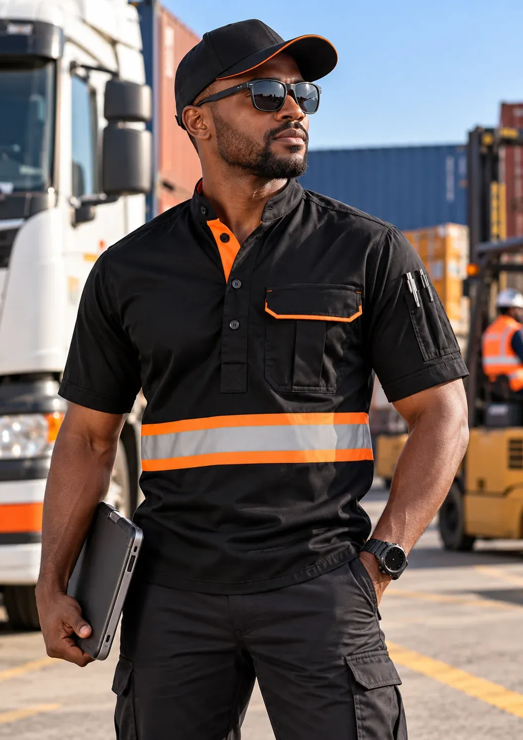 A driver in a black short-sleeve Standout shirt with an orange reflective band, next to a truck